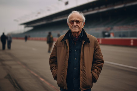 Portrait of an old man on the background of the stadium.の素材