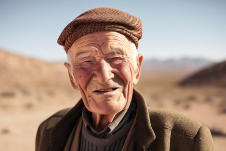 Elderly man with hat and coat in the middle of the desertの素材
