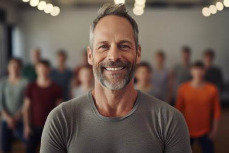 Portrait of a handsome mature man smiling at the camera while standing in front of a group of peopleの素材