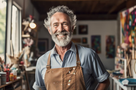 Portrait of smiling mature craftsman standing with arms crossed in workshopの素材