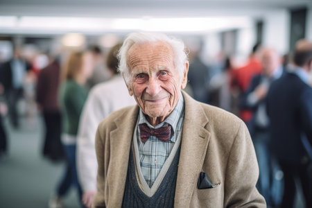 Portrait of an elderly man in a hall with people in the backgroundの素材