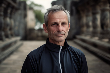 Portrait of a handsome middle-aged man in front of an ancient templeの素材