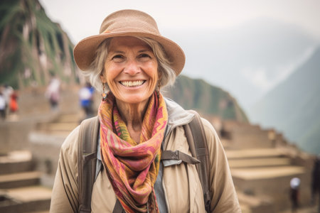 Portrait of a happy senior woman with a hat in the mountainsの素材