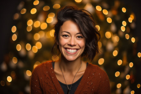 Portrait of a beautiful young woman in front of christmas lightsの素材