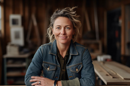 Portrait of mature carpenter standing in her workshop smiling at cameraの素材