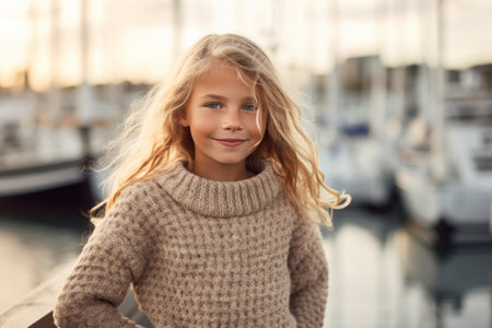 Portrait of a cute little girl with long blonde hair in a knitted sweater on the background of yachtsの素材
