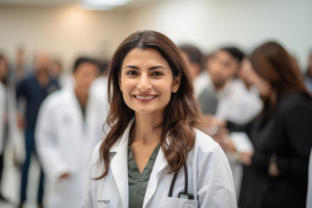 Portrait of a smiling female doctor standing in front of her teamの素材