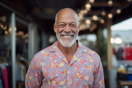 Portrait of senior man smiling at camera in a clothing store.の素材