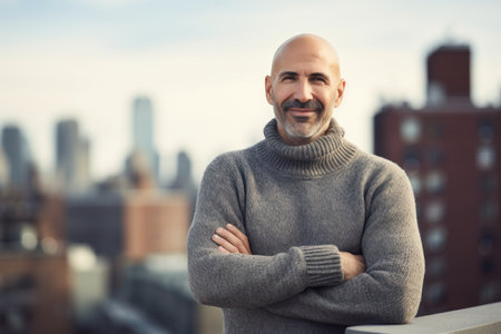 Portrait of a handsome middle-aged man with a beard and mustache in a gray sweater on the background of the cityの素材