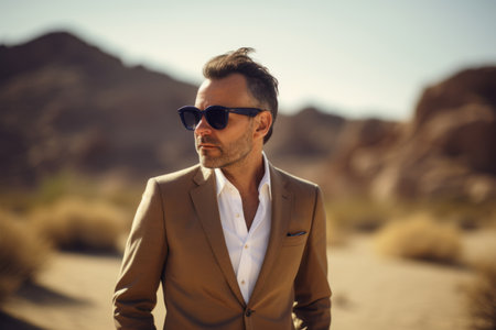 Handsome young man in suit and sunglasses posing in the desertの素材