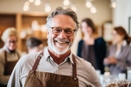 Portrait of senior man in apron smiling at camera in cafeの素材