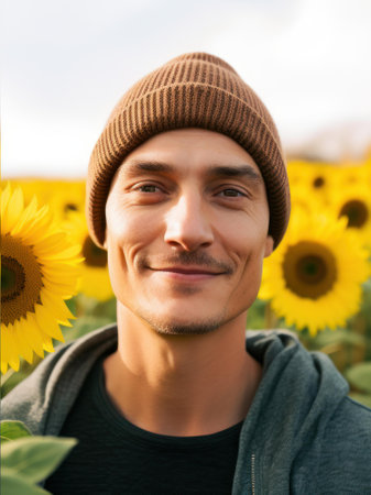 Portrait of a young handsome man in a sunflower field.の素材