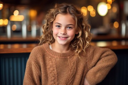 Portrait of smiling little girl looking at camera at bar counter in cafeの素材
