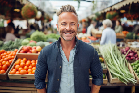 Portrait of smiling mature man standing at fruit and vegetable counter in supermarketの素材