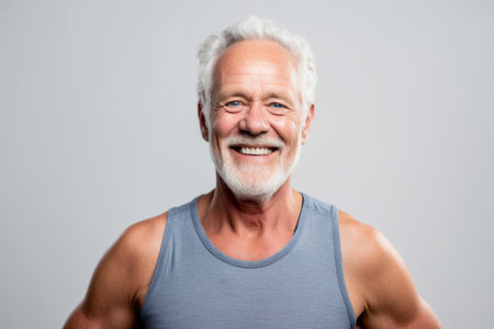 Portrait of a happy senior man smiling and looking at camera over gray backgroundの素材