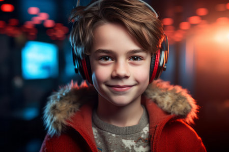 Portrait of a cute little boy in headphones listening to music.の素材