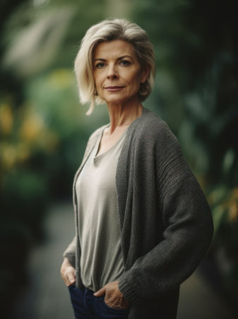 Portrait of a beautiful mature woman with short hair in the parkの素材