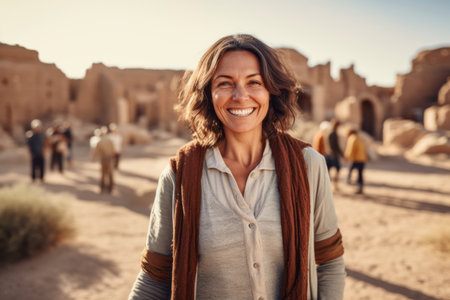 Portrait of a smiling middle-aged woman in the desert.の素材