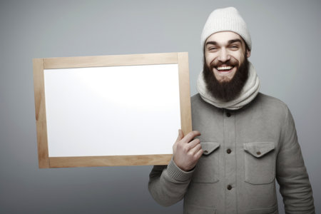 Handsome young man with a beard in a gray sweater and a hat holding a whiteboard with copy spaceの素材