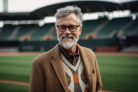 Portrait of smiling senior man in eyeglasses standing at stadiumの素材