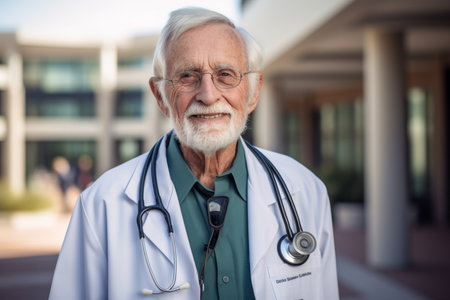 Portrait of senior doctor with stethoscope standing in front of hospitalの素材