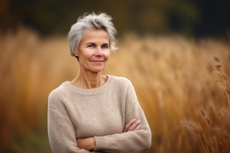 Portrait of a happy senior woman standing in a wheat field in autumnの素材
