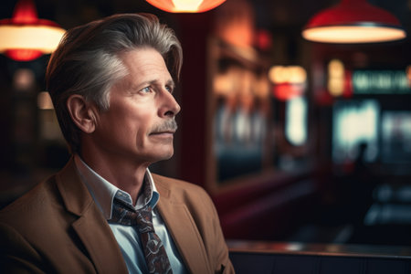 Portrait of a handsome mature man sitting in a pub. Men's beauty, fashion.の素材