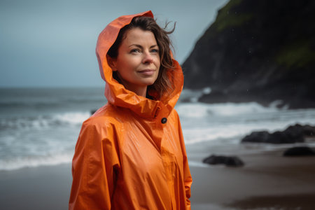 Portrait of a woman in an orange raincoat on the beachの素材