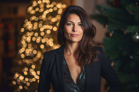 Portrait of a beautiful brunette woman in a black suit on the background of a Christmas tree.の素材