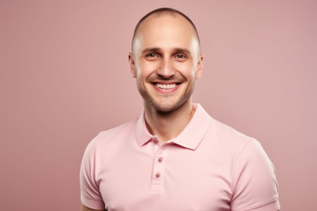 Portrait of a happy young man in pink shirt on pink backgroundの素材