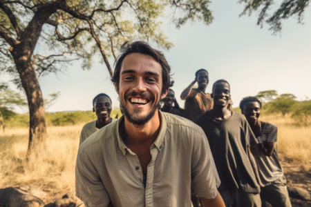 Portrait of happy young man standing in the savannah with his friends in the backgroundの素材