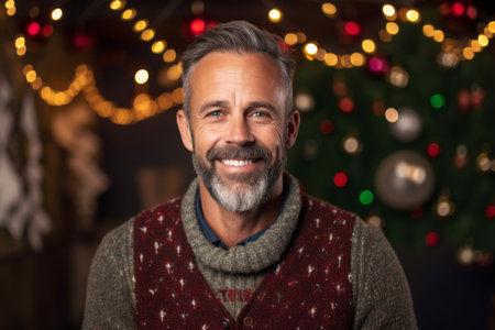 Portrait of a smiling mature man with a beard in a Christmas decorated roomの素材