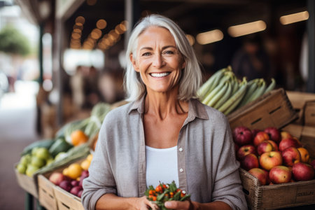 Portrait of smiling mature woman holding fresh vegetables at market counter in supermarketの素材