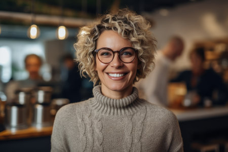 Portrait of smiling businesswoman in eyeglasses standing in cafeの素材
