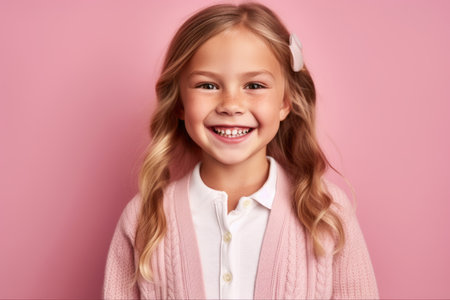Portrait of a smiling little girl in a pink sweater on a pink backgroundの素材