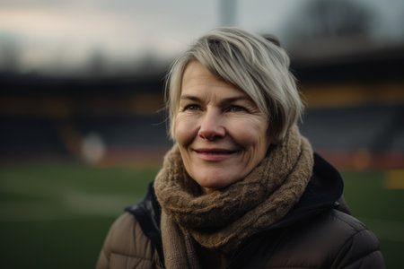 Portrait of a beautiful middle-aged woman on the football fieldの素材