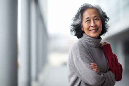 Portrait of happy senior asian woman standing with arms crossed in corridorの素材