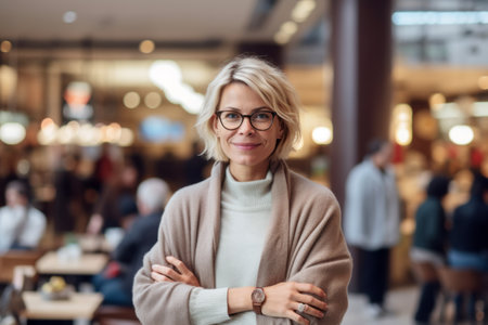 Portrait of a beautiful middle-aged woman with glasses standing in a cafe.の素材
