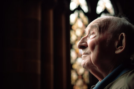 Portrait of an elderly woman in front of a window in a churchの素材