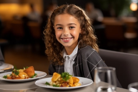 happy little girl eating fried potatoes at cafe or restaurant, food conceptの素材