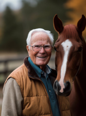 Portrait of a smiling senior man with his horse in the countrysideの素材