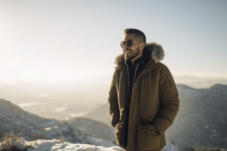 Handsome man in winter jacket and sunglasses standing on top of a mountainの素材