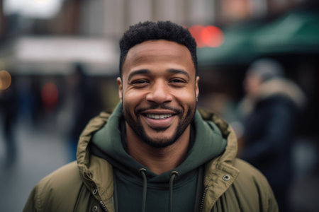 portrait of smiling african american man looking at camera in cityの素材