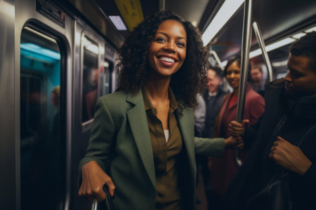 Beautiful african american woman with curly hair smiling while riding subway car.の素材