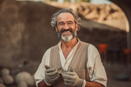 Portrait of a smiling potter working in his pottery workshopの素材