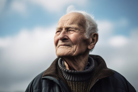 Portrait of an elderly man on a background of blue sky.の素材