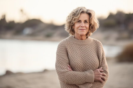 Portrait of smiling senior woman with arms crossed on the beach.の素材