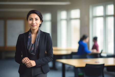 Portrait of smiling businesswoman standing in office with colleagues in the backgroundの素材
