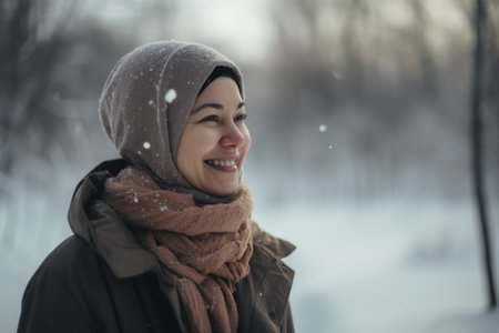 Portrait of a beautiful young woman in the winter park. Snowfall.の素材