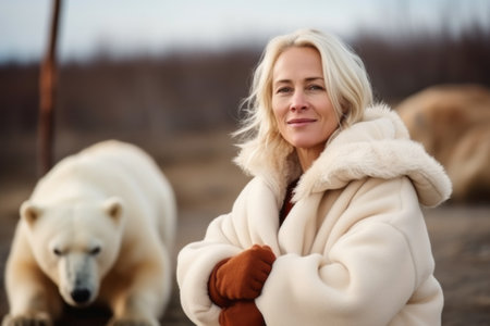 Portrait of a woman in a fur coat with a polar bearの素材